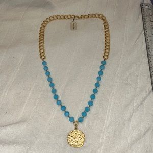 Susan Shaw Light Blue Gold Tone Faux Coin Long Necklace Brand New